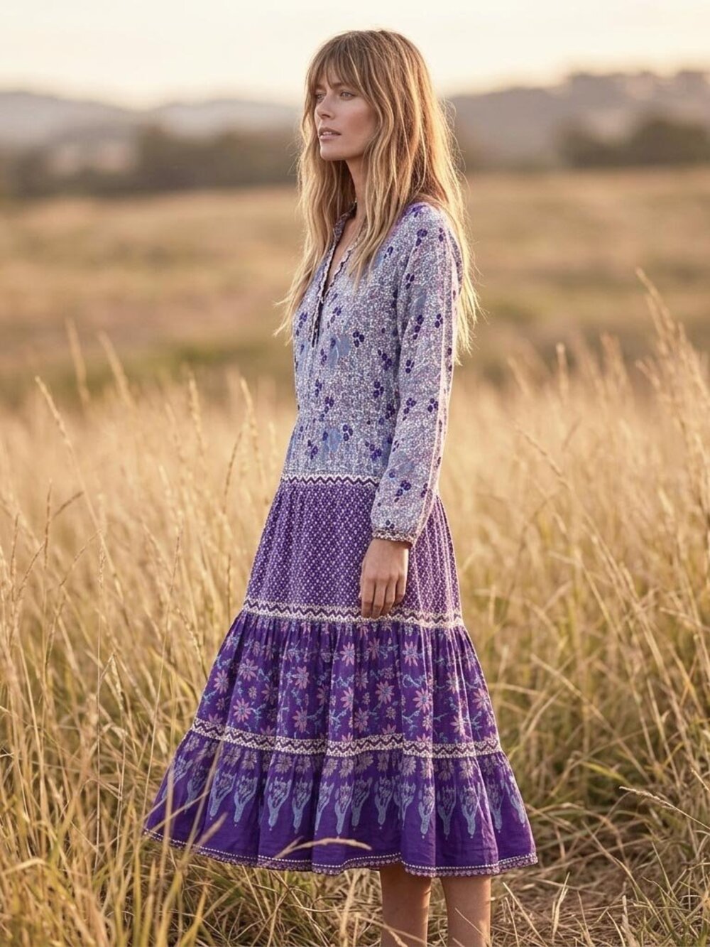 Vintage 70s Indian Gauze KAISER Cotton Boho Prairie Floral Blue Purple Dress